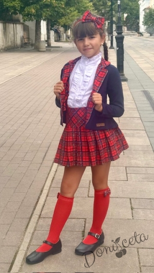 Детски комплект от 3 части за момиче от карирана пола и сако в тъмносиньо с каре и риза в бяло с дълъг ръкав и висока яка