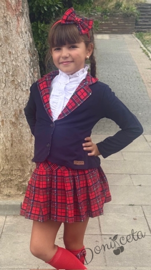 Детски комплект от 3 части за момиче от карирана пола и сако в тъмносиньо с каре и риза в бяло с къс ръкав и висока яка6