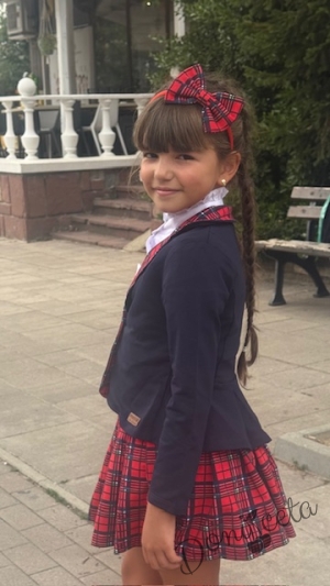 Детски комплект от 3 части за момиче от карирана пола и сако в тъмносиньо с каре и риза в бяло с къс ръкав и висока яка8