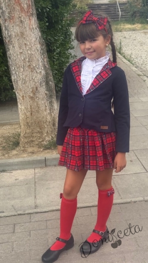 Детски комплект от 3 части за момиче от карирана пола и сако в тъмносиньо с каре и риза в бяло с къс ръкав и висока яка11