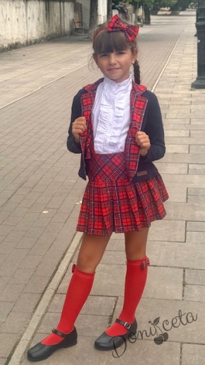 Детски комплект от 3 части за момиче от карирана пола и сако в тъмносиньо с каре и риза в бяло с къс ръкав и висока яка12