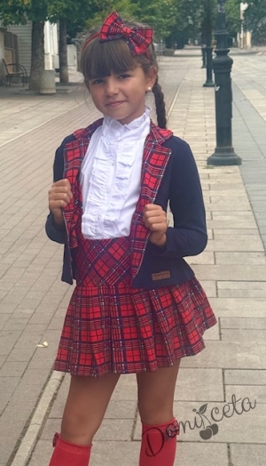 Детски комплект от 3 части за момиче от карирана пола и сако в тъмносиньо с каре и риза в бяло с къс ръкав и висока яка13