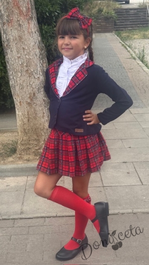 Детски комплект от 3 части за момиче от карирана пола и сако в тъмносиньо с каре и риза в бяло с къс ръкав и висока яка14