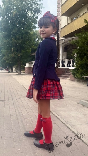 Детски комплект от 3 части за момиче от карирана пола и сако в тъмносиньо с каре и риза в бяло с къс ръкав и висока яка15