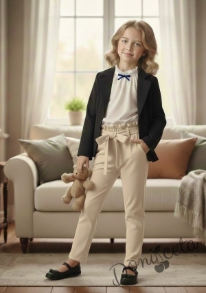 Комплект от 3 части- панталон в бежово с ластик и висока талия, блуза в бяло с панделка и сако в черно от трико