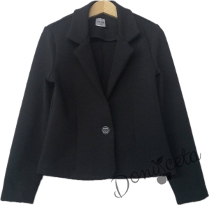 Комплект от 3 части- панталон в бежово с ластик и висока талия, блуза в бяло с панделка и сако в черно от трико