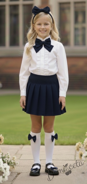 Комплект за момиче от 3 части-пола Гери в тъмносиньо, риза с дълъг ръкав в бяло с къдрички, панделка за риза в тъмносиньо