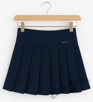 Комплект за момиче от 3 части-пола Гери в тъмносиньо, риза с дълъг ръкав в бяло с къдрички, панделка за риза в тъмносиньо