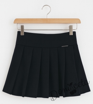 Комплект за момиче от 4 части-пола Гери в черно, риза с дълъг ръкав в бяло с къдрички, панделка за риза в черно и чорапи с панделка