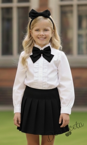 Комплект за момиче от 3 части-пола Гери в черно, риза с дълъг ръкав в бяло с къдрички, панделка за риза в черно