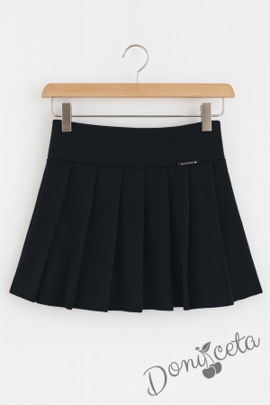 Комплект за момиче от 3 части-пола Гери в черно, риза с дълъг ръкав в бяло с къдрички, панделка за риза в черно