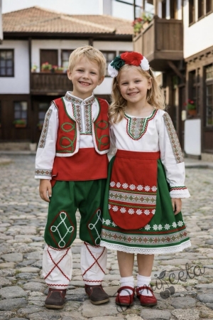 Мъжка или детска народна народна носия трибагреник за момче с фолклорни/етно мотиви, с потури в зелено