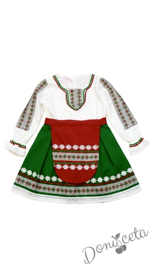 Дамска/детска народна носия трибагреник-риза в бяло, пола в зелено и престилка в червено с фолклорни/етно мотиви   