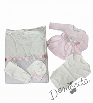Комплект за изписване за момиче с рокличка от 5 части в розово и бяло