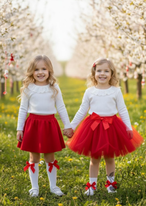 Комплект за момиче от 2 части-пола клош от трико Роси в червено и блуза с дълъг ръкав в бяло с дантела