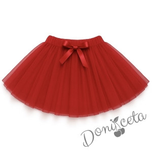 Комплект за момиче от 2 части- туту пола с богат тюл в червено с панделка отпред и блуза с дълъг ръкав в бяло с дантела