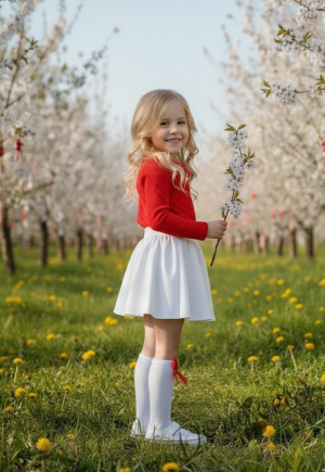 Комплект за момиче от 2 части-пола клош от трико Роси в бяло и блуза с дълъг ръкав в червено с дантела