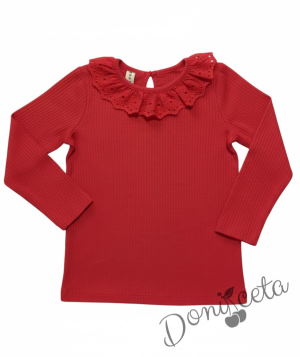 Комплект за момиче от 2 части-пола клош от трико Роси в бяло и блуза с дълъг ръкав в червено с дантела