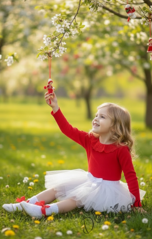 Комплект за момиче от 2 части- туту пола с богат тюл в бяло с панделка отпред и блуза с дълъг ръкав в червено с дантела