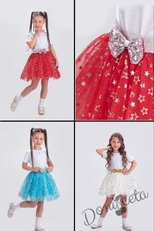 Интересна детска пола за момиче от тюл с блясък, звезди и панделка с пайети в червено Радост 2