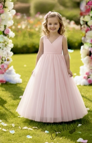 Официална детска дълга рокля Марлен в пепел от рози без ръкав 
