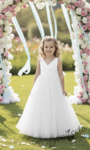 Официална детска дълга рокля Марлен в бяло без ръкав 