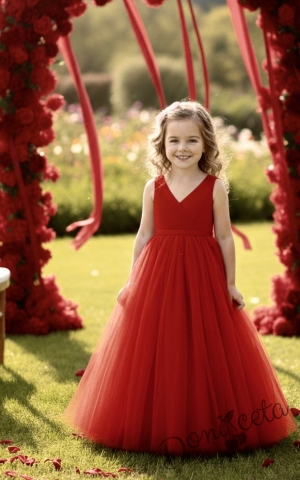 Официална детска дълга рокля  Марлен в червено без ръкав 