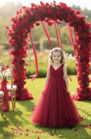 Официална детска дълга рокля Марлен в тъмночервено без ръкав 