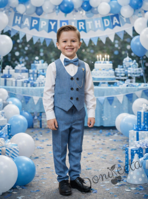 Официален елегантен костюм в синьо за момче от 4 части елек, риза в бяло, панталон и папийонка 