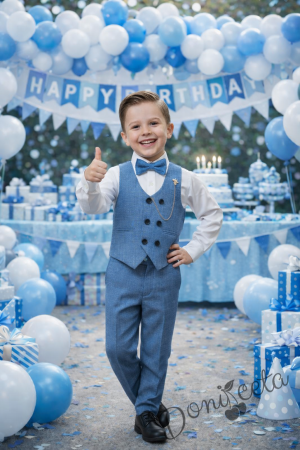 Официален елегантен костюм в синьо за момче от 4 части елек, риза в бяло, панталон и папийонка 