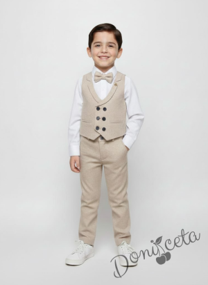 Официален елегантен костюм в синьо за момче от 4 части елек, панталон и папийонка в екрю ириза в бяло