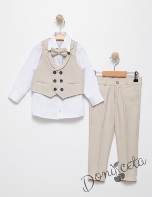 Официален елегантен костюм в синьо за момче от 4 части елек, панталон и папийонка в екрю ириза в бяло