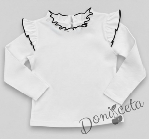 Комплект от 2 части- панталон в черно с ластик и колан, блуза с дълъг ръкав в бяло с къдрички и кант в черно