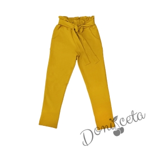 Детски панталон за момиче в цвят горчица с висока талия и колан 3456742 1