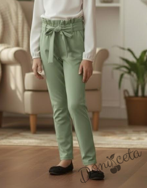 Детски панталон за момиче с висока талия и колан в цвят мента 