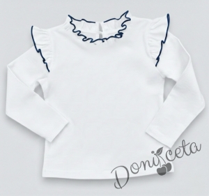 Комплект от 2 части- панталон в тъмносиньо с ластик и колан, блуза с дълъг ръкав в бяло с къдрички и кант в тъмносиньо