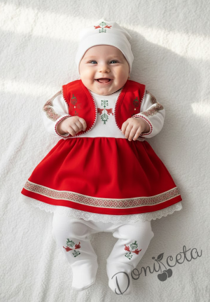 Бебешки комплект за момиче от 4 части- рокля в бяло и червено, елече в червено, ританки и шапка в бяло 