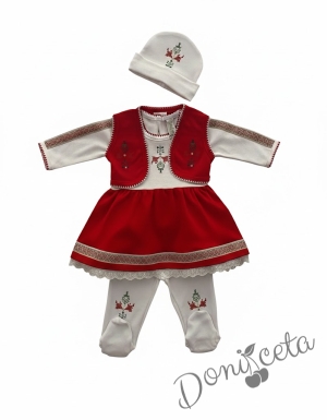 Бебешки комплект за момиче от 4 части- рокля в бяло и червено, елече в червено, ританки и шапка в бяло 