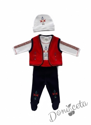 Бебешки комплект за момче от 4 части- бяло боди, елече в червено, ританки в тъмносиньо и шапка в бяло 