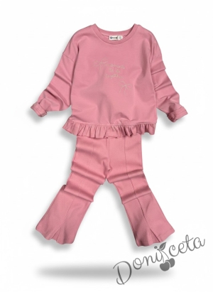 Комплект за момиче от 2 части в прасковено с  къдрички