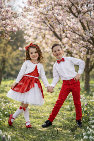  Комплект за момче от 3 части-бяла риза с дълъг ръкав, панталон в червено и папийонка в червено на бели точки