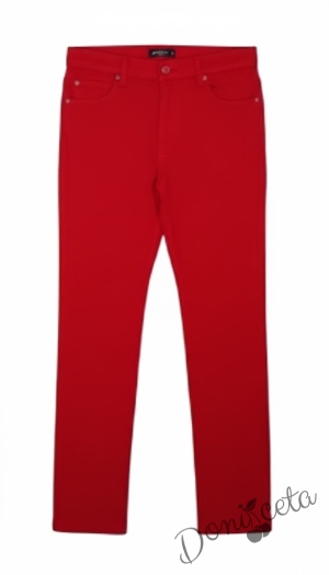  Комплект за момче от 3 части-бяла риза с дълъг ръкав, панталон в червено и папийонка в червено на бели точки