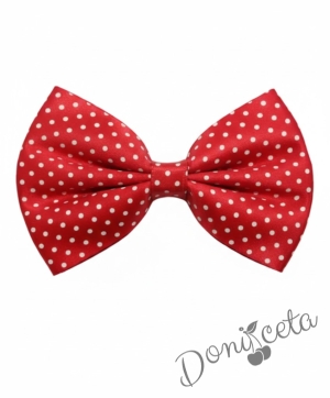  Комплект за момче от 3 части-бяла риза с дълъг ръкав, панталон в червено и папийонка в червено на бели точки