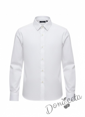  Комплект за момче от 3 части-бяла риза с дълъг ръкав, панталон в червено и папийонка в червено на бели точки