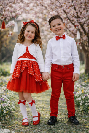 Официална детска рокля Надежда в червено на бели точки с червен тюл