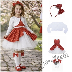 Официален комплект от 4 части- рокля Надежда в червено на бели точки с тюл в бяло, болеро в бяло, диадема в червено на бели точки и чорапи с червени панделки на бели точки 