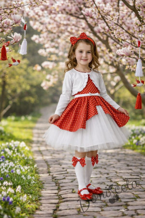 Официален комплект от 4 части- рокля Надежда в червено на бели точки с тюл в бяло, болеро в бяло, диадема в червено на бели точки и чорапи с червени панделки на бели точки 