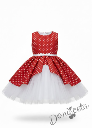 Официален комплект от 4 части- рокля Надежда в червено на бели точки с тюл в бяло, болеро в бяло, диадема в червено на бели точки и чорапи с червени панделки на бели точки 