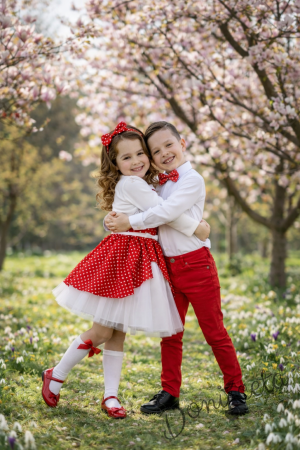 Официален комплект от 4 части- рокля Надежда в червено на бели точки с тюл в бяло, болеро в бяло, диадема в червено на бели точки и чорапи с червени панделки на бели точки 