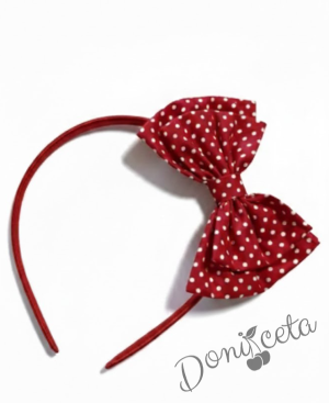 Официален комплект от 4 части- рокля Надежда в червено на бели точки и тюл в червено , болеро в бяло, диадема в червено на бели точки и чорапи с червени панделки на бели точки 